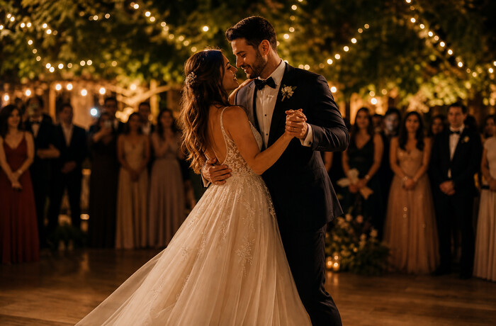 Casal dançando com luzes douradas ao fundo
