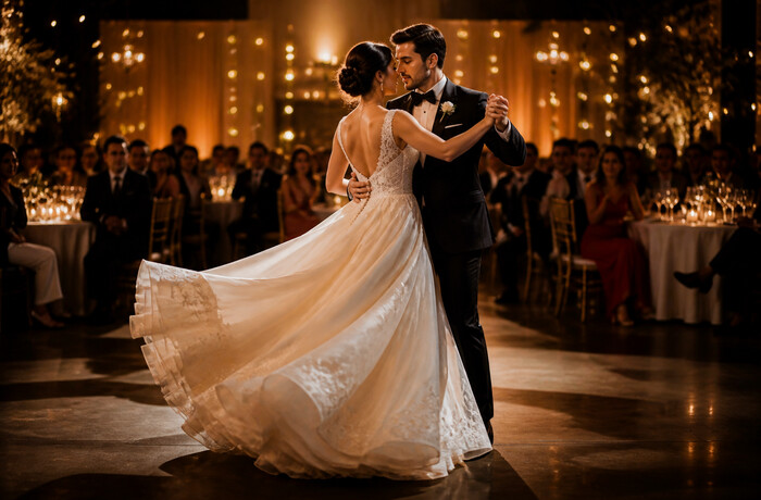Casal dançando em recepção de casamento