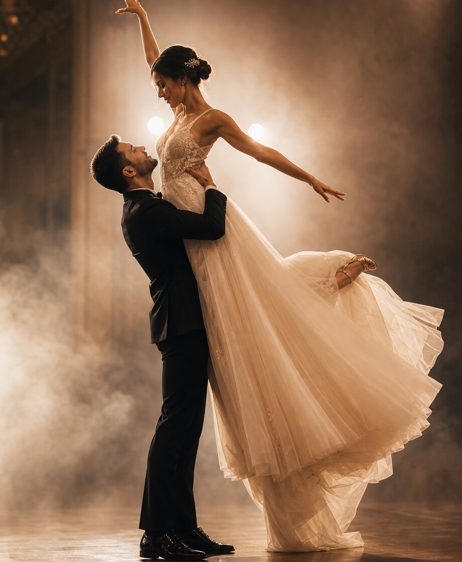 Casal ensaiando uma coreografia elegante de casamento